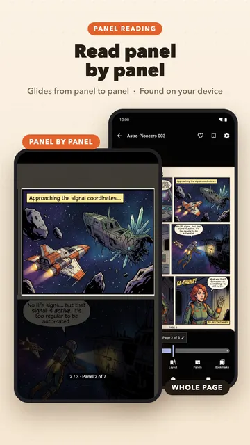 Read panel by panel: the reader zoomed in on one panel of a science-fiction comic, beside the whole page.