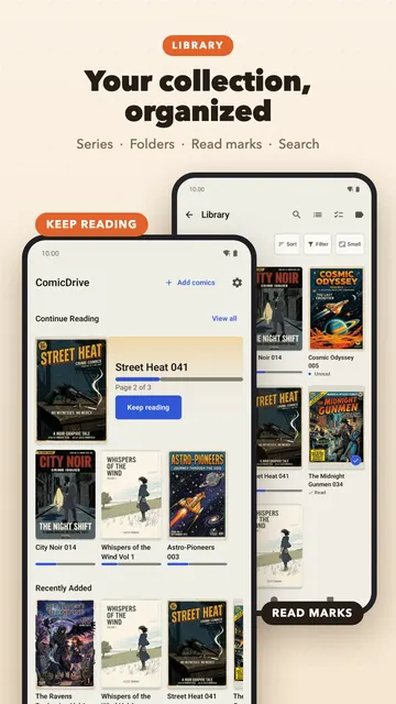 Your collection, organized: the start screen with Continue Reading and Recently Added, beside the library grid with read marks.