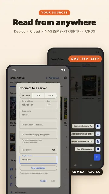 Read from anywhere: the Connect to a server dialog for SMB, FTP and SFTP, beside the menu for adding a comic file, a folder, a network share or an OPDS catalog.