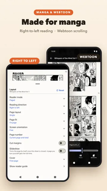 Made for manga: the layout settings with right-to-left reading, beside a manga in webtoon mode.