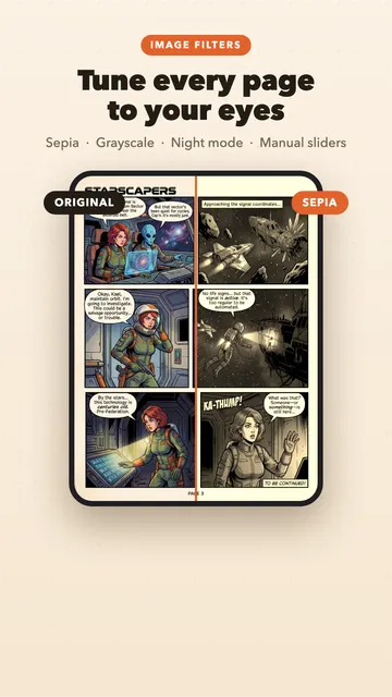 Tune every page to your eyes: one comic page, half in its original colours, half in sepia.