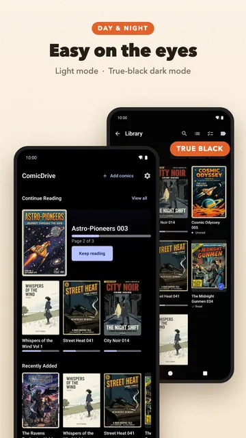 Easy on the eyes: the start screen and the library in true-black dark mode.